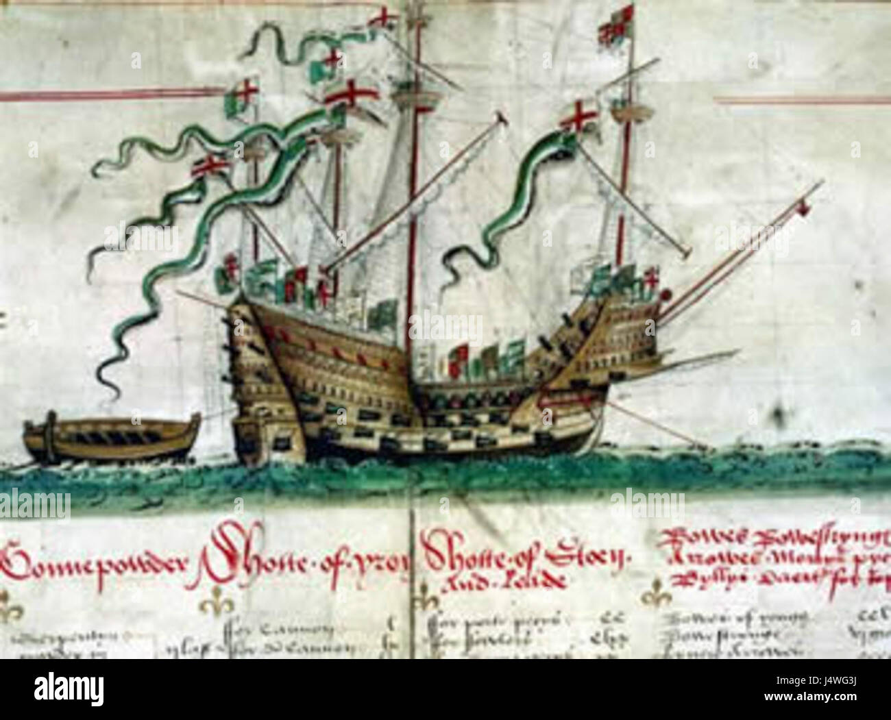 Le Mary Rose* Anthony Roll est une représentation détaillée du célèbre navire de guerre anglais Mary Rose*, mettant en valeur sa construction et ses caractéristiques. Le document fournit un aperçu de l'architecture navale et des pratiques de construction navale du XVIe siècle. Banque D'Images