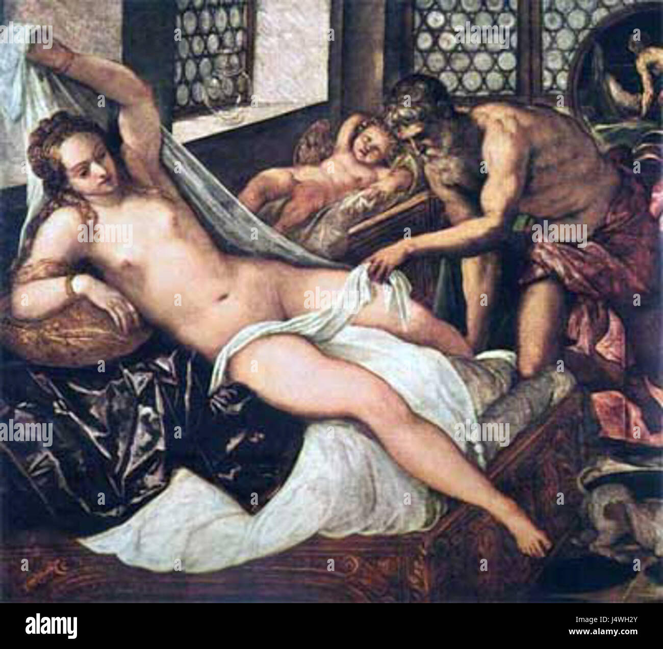'Vulcan surprend Vénus et mars' est une peinture de l'artiste vénitien Tintoretto. Il représente la scène mythologique où Vulcain, le Dieu du feu, découvre Vénus et mars dans une position compromettante. Cette œuvre met en valeur l’utilisation dramatique de la lumière et de la composition dynamique du Tintoret, éléments clés de son style à la Renaissance. Banque D'Images