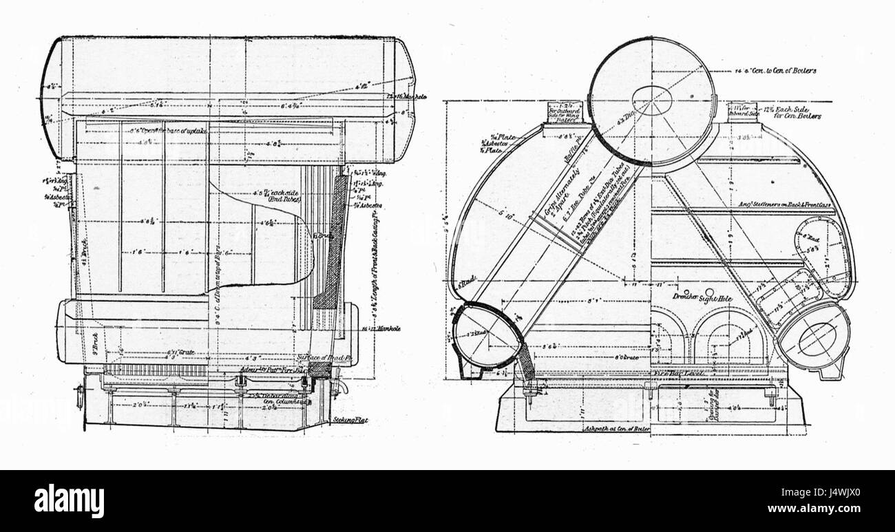 Cette section des « moteurs modernes » de Rankin Kennedy explore la conception et la structure de la chaudière Yarrow. Le texte offre un aperçu technique de la technologie des machines à vapeur, illustrant les composants clés de la construction de la chaudière. Banque D'Images