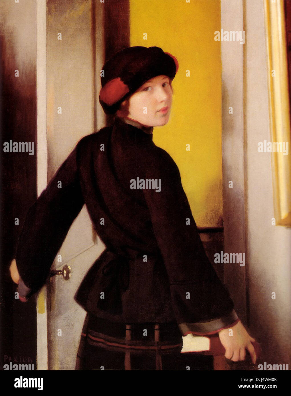 Le tableau intitulé 'Leaving the Studio' de William Paxton, créé en 1921, dépeint le départ de l'artiste de son espace de travail. Il reflète la vie quotidienne de l'artiste et capture le moment personnel de quitter le studio, en mettant l'accent sur le lien émotionnel entre l'artiste et son entourage. Banque D'Images