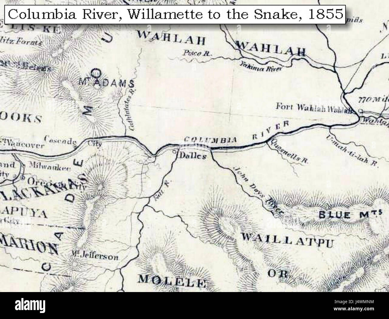 Cette carte historique des Archives de l'Université de Washington représente le fleuve Columbia en 1855, offrant un aperçu de la géographie du fleuve et des zones environnantes au milieu du XIXe siècle. Banque D'Images