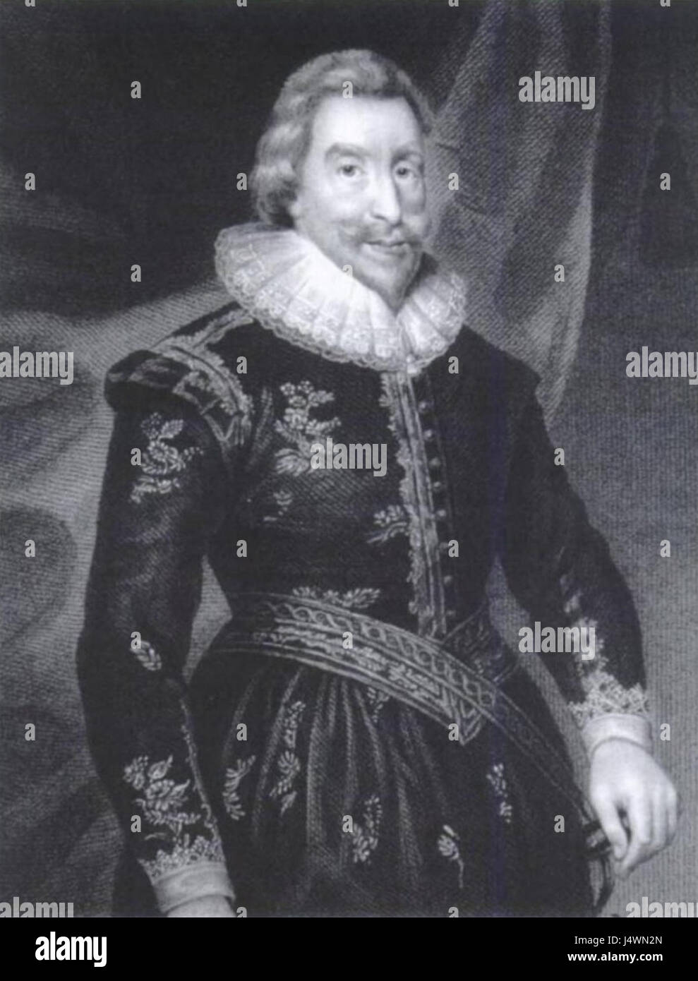 Cette gravure en pointillés représente Walter Aston (1584-1639), courtisan et diplomate anglais. La gravure met en valeur la technique de la gravure en pointillés, une méthode de création d'images à l'aide de petits points et marques, populaire au XVIIe siècle. Banque D'Images