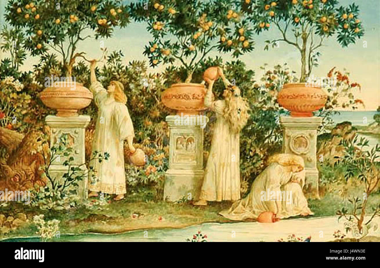 Le jardin des Hespérides, peint par Ricciardo Meacci, est une représentation du jardin mythologique de la mythologie grecque, abritant les pommes dorées et gardé par des nymphes, un sujet exploré dans de nombreuses œuvres classiques. Banque D'Images