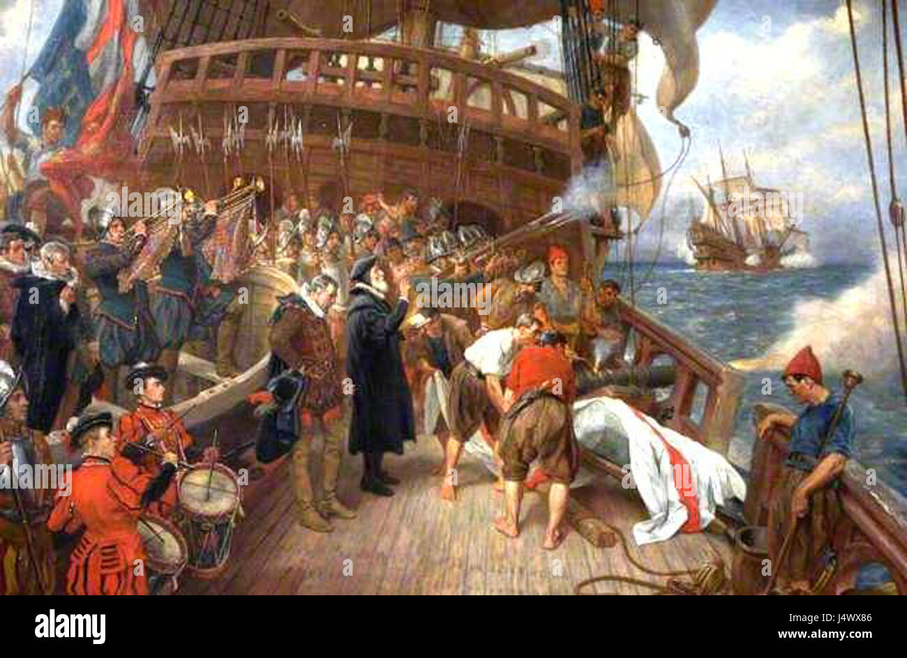 Cette œuvre de Thomas Davidson décrit l'enterrement de l'amiral Sir Francis Drake, un événement important dans l'histoire navale britannique. Le tableau capture la solennité et la signification de la mort de Drake, reflétant son rôle dans l'histoire maritime de l'Angleterre. Banque D'Images