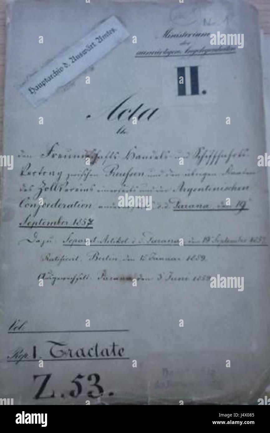Le traité de 1857 entre la Prusse et l'Argentine est un accord qui établit des relations diplomatiques et des partenariats commerciaux entre les deux pays au cours du XIXe siècle. Banque D'Images
