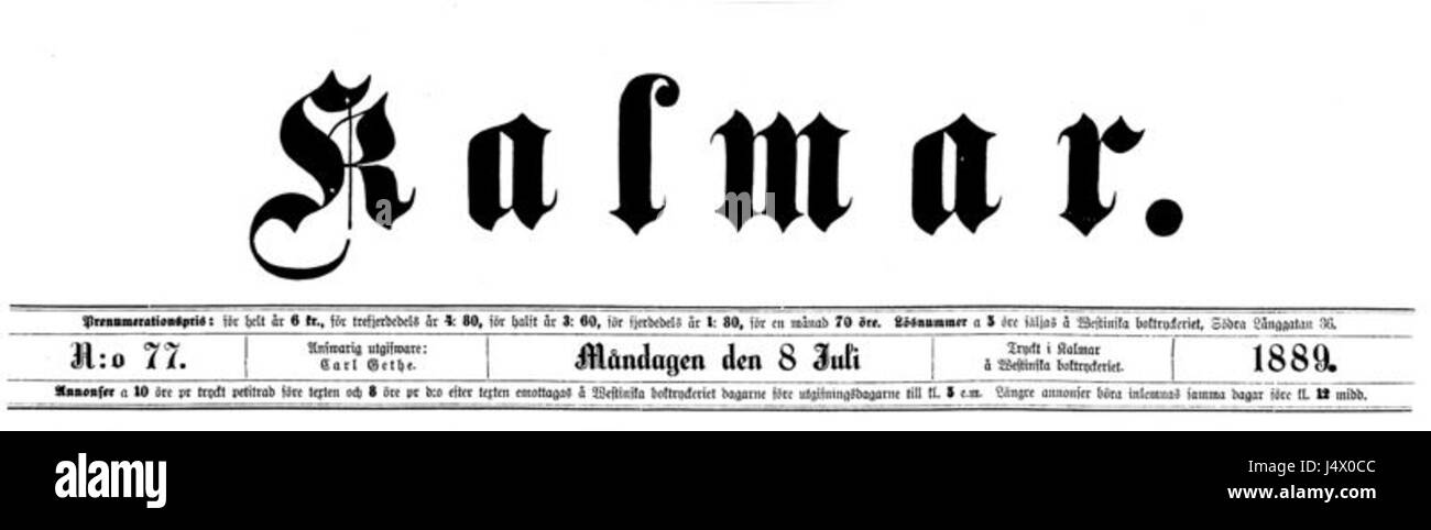 Tidningen Kalmar den 8 juli 1889 Banque D'Images