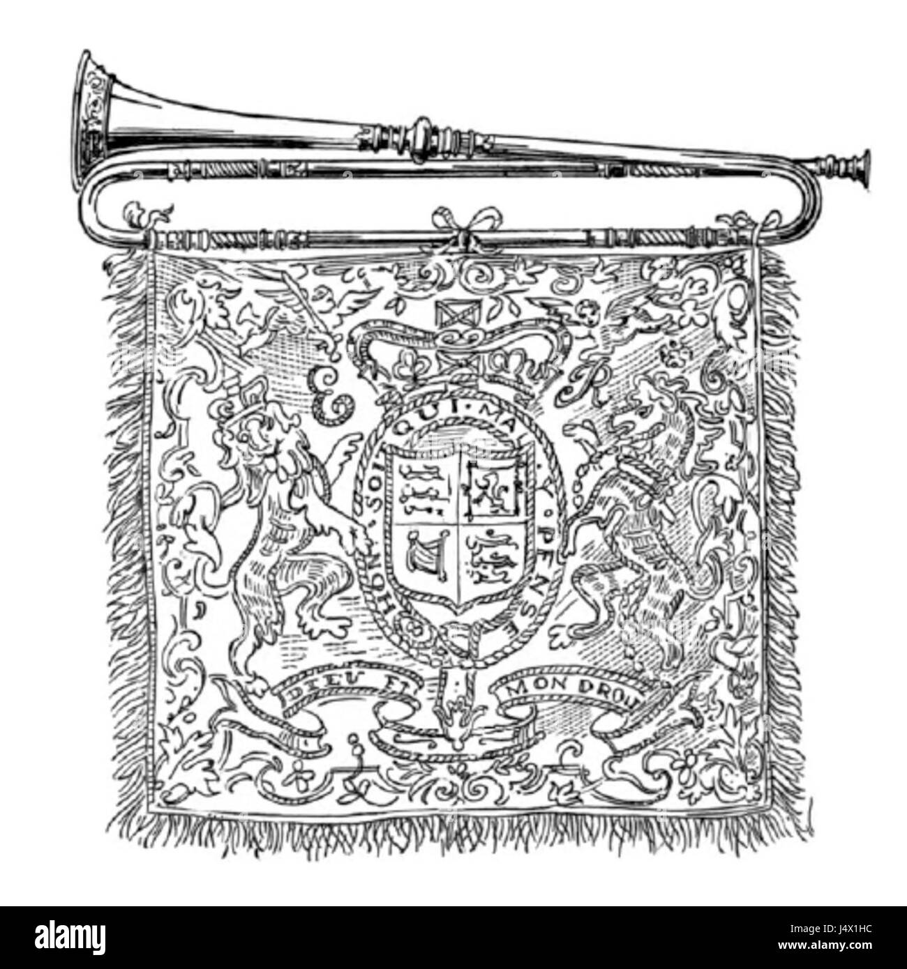 La trompette d'État britannique est un instrument cérémoniel de cuivres utilisé dans les événements royaux et les occasions d'État. Il est associé aux traditions monarchiques britanniques, utilisé pour les cérémonies officielles et symbolisant l'autorité royale et la grandeur de l'État. Banque D'Images