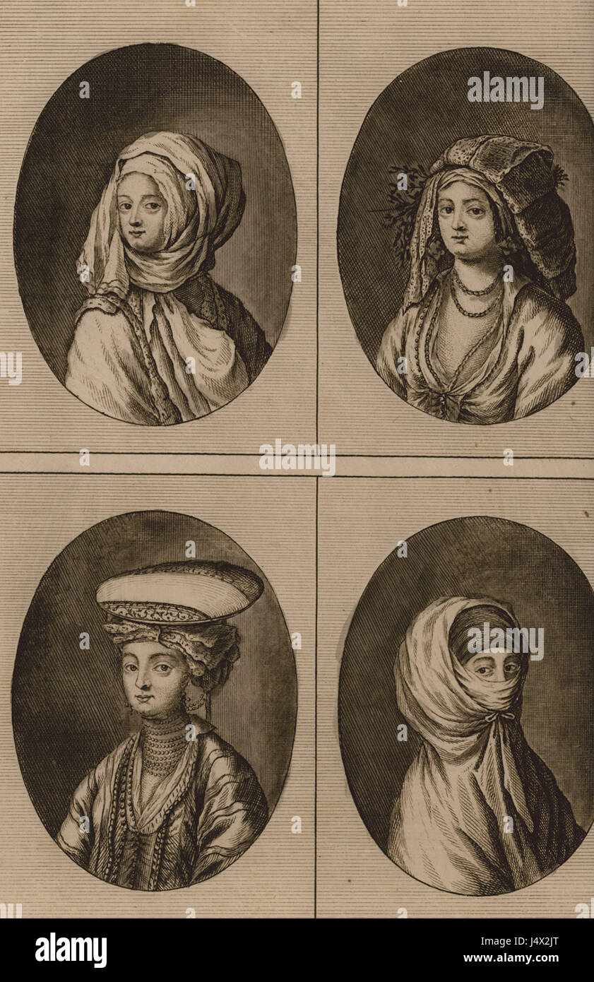 L'œuvre présente des femmes d'Izmir (Smyrne) portant des coiffures typiques, une femme grecque des îles de la mer Égée et une femme aisée du tableau de 1714 de Cornelis de Bruyn. Il met en valeur les différences culturelles et régionales dans la tenue vestimentaire au début du XVIIIe siècle. Banque D'Images