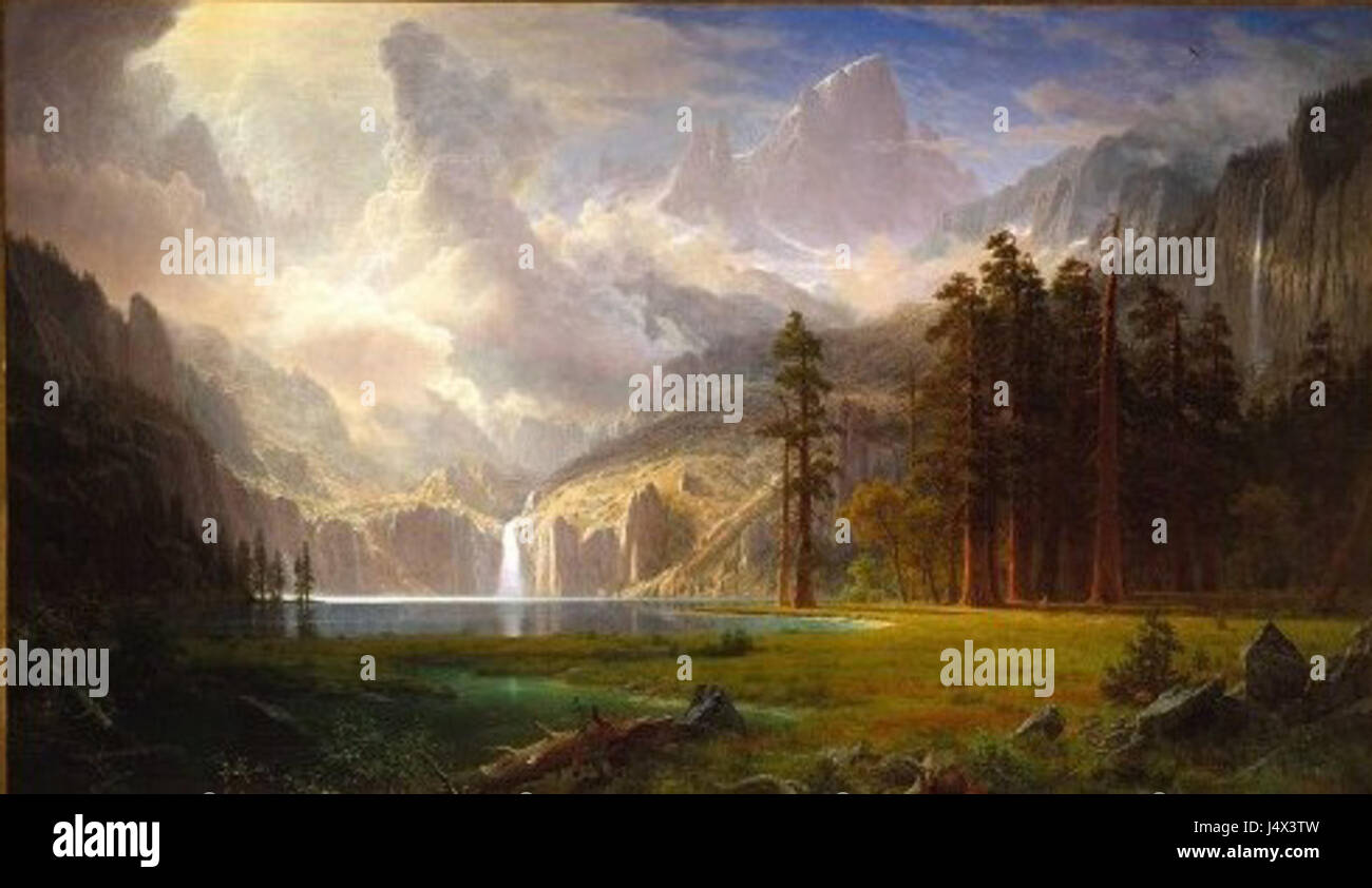 Albert Bierstadt, un peintre américain connu pour ses grands paysages, a créé des œuvres remarquables représentant l'Ouest américain. Son style, souvent associé à l'école de la rivière Hudson, a capturé la grandeur de la nature et les vastes paysages de la frontière américaine. Banque D'Images