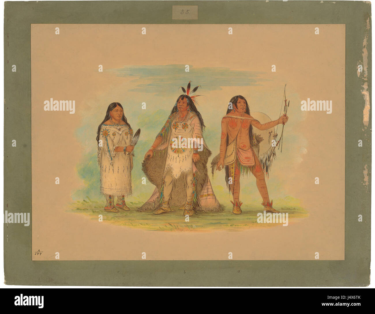 Cette image représente probablement des membres de la tribu Minatarree, un groupe amérindien de la région des grandes Plaines en Amérique du Nord, historiquement connu pour ses pratiques culturelles et son patrimoine uniques. Banque D'Images