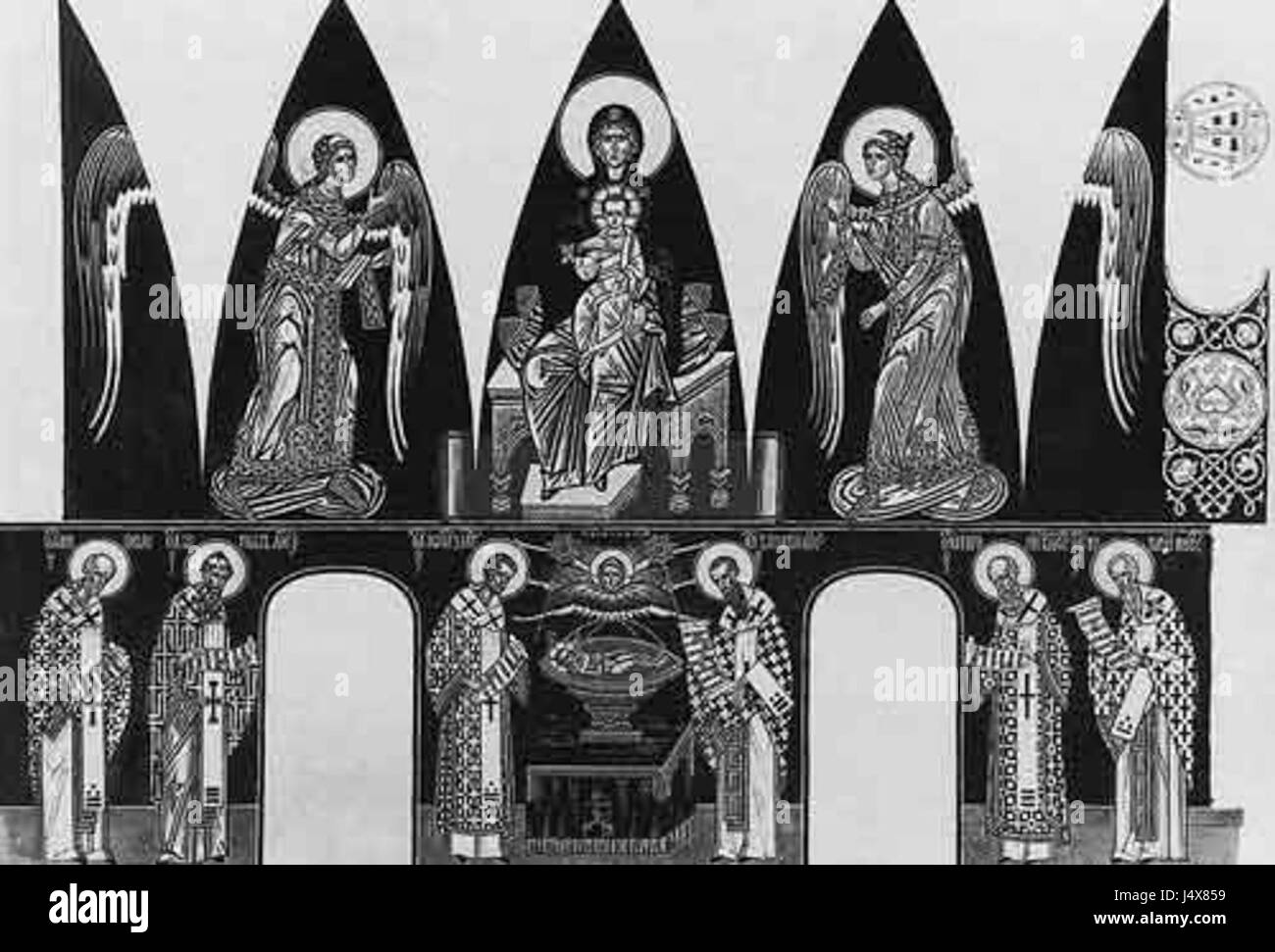 Il s'agit d'un croquis préliminaire par Ivan Bilibin d'une fresque représentant la Vierge avec des anges. Bilibin était connu pour ses illustrations et ses dessins inspirés du folklore russe et de l'iconographie traditionnelle, mêlant souvent des thèmes historiques et des innovations artistiques. Le croquis reflète son approche unique du sacré compris Banque D'Images