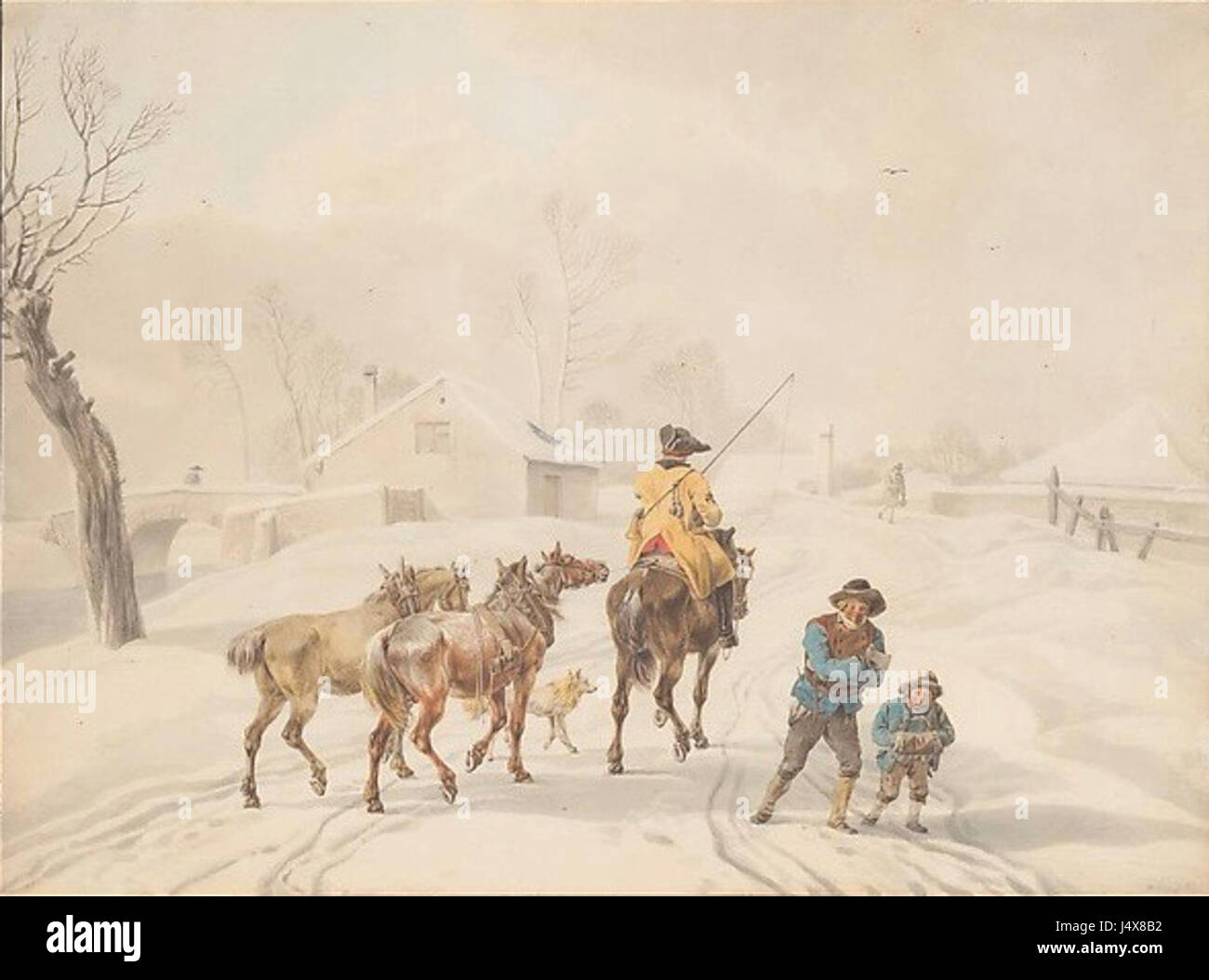 Cette œuvre de Wilhelm von Kobell, « Postilion on Horse in a Winter Landscape », représente un postilion chevauchant un paysage enneigé à la fin du XVIIIe siècle. La peinture capture l'essence du voyage hivernal et le rôle du postilion dans le transport des marchandises et des passagers. L'utilisation par l'artiste de détails vifs met en évidence les conditions difficiles de l'hiver tout en mettant en valeur la figure du postilion, au cœur de la composition. Banque D'Images