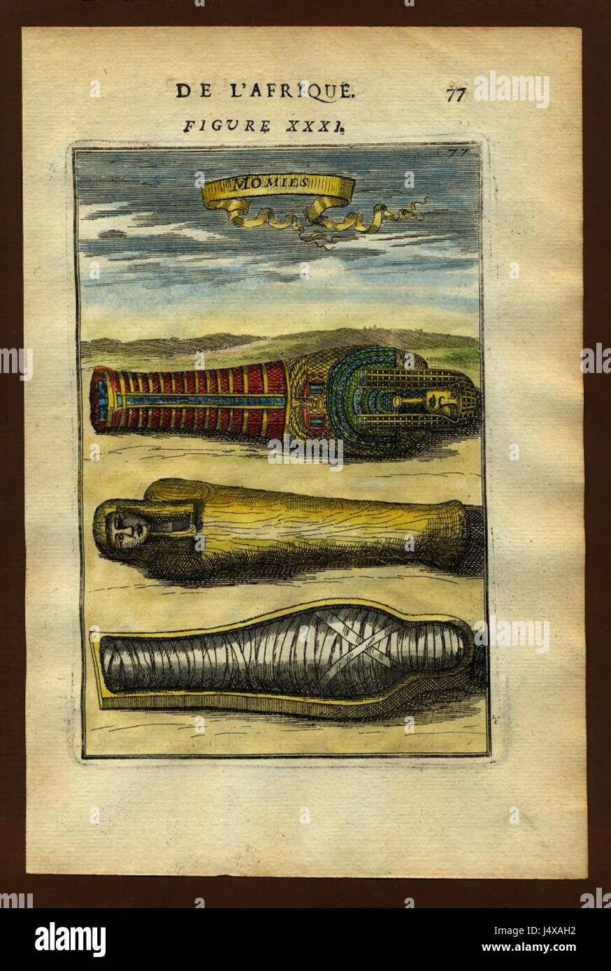 Ceci fait référence à une représentation de momies de 1683. L'image ou l'enregistrement dépeint probablement une étude archéologique ou culturelle des pratiques de momification pendant cette période, reflétant les coutumes funéraires anciennes. Banque D'Images