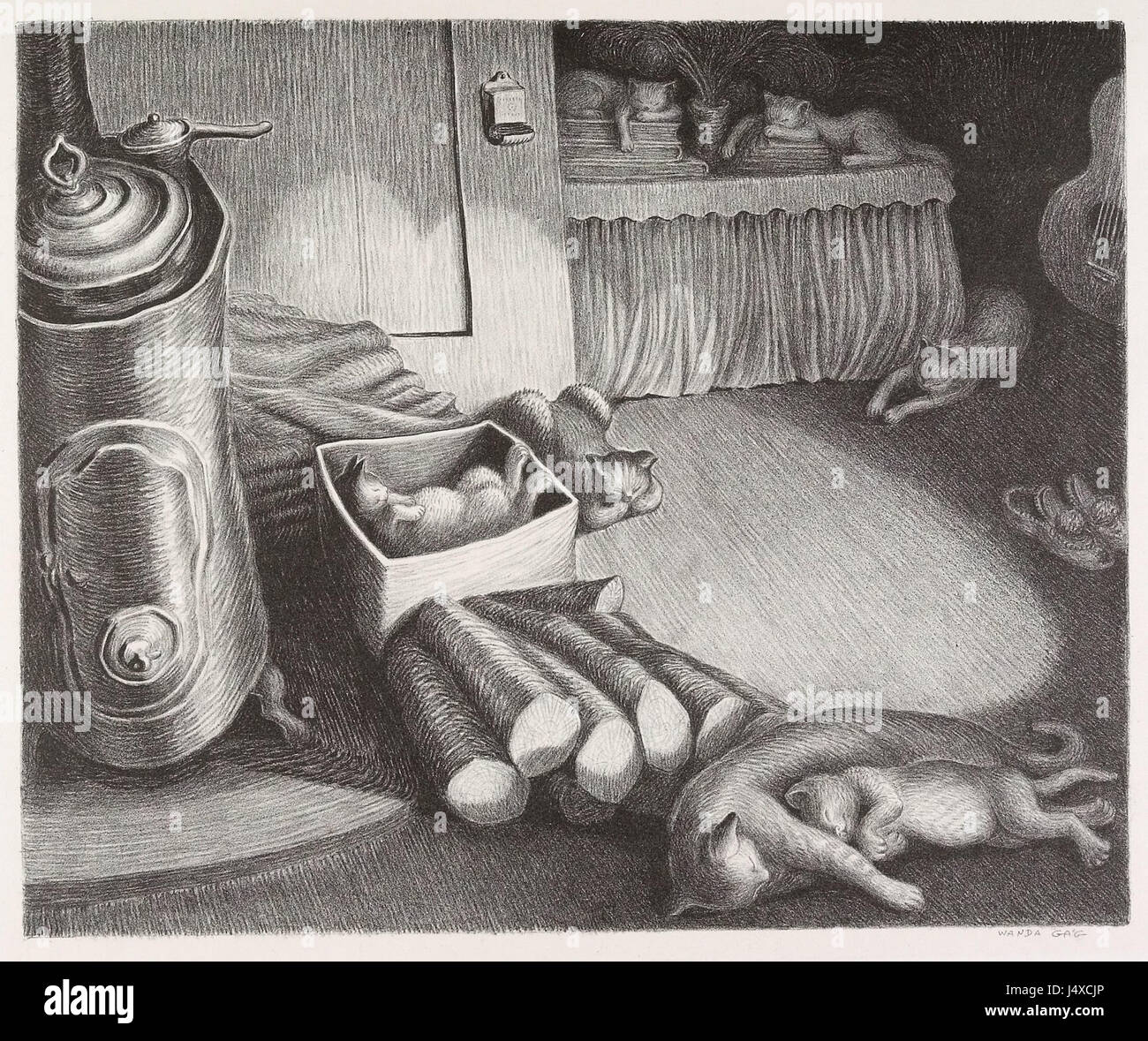 'Siesta' est une peinture de l'artiste américaine Wanda Gág, connue pour son habileté à capturer des scènes émotionnelles et domestiques. Cette pièce reflète le talent de l'artiste à dépeindre des moments reposants de la vie quotidienne, mettant particulièrement l'accent sur la tranquillité d'une sieste. Banque D'Images