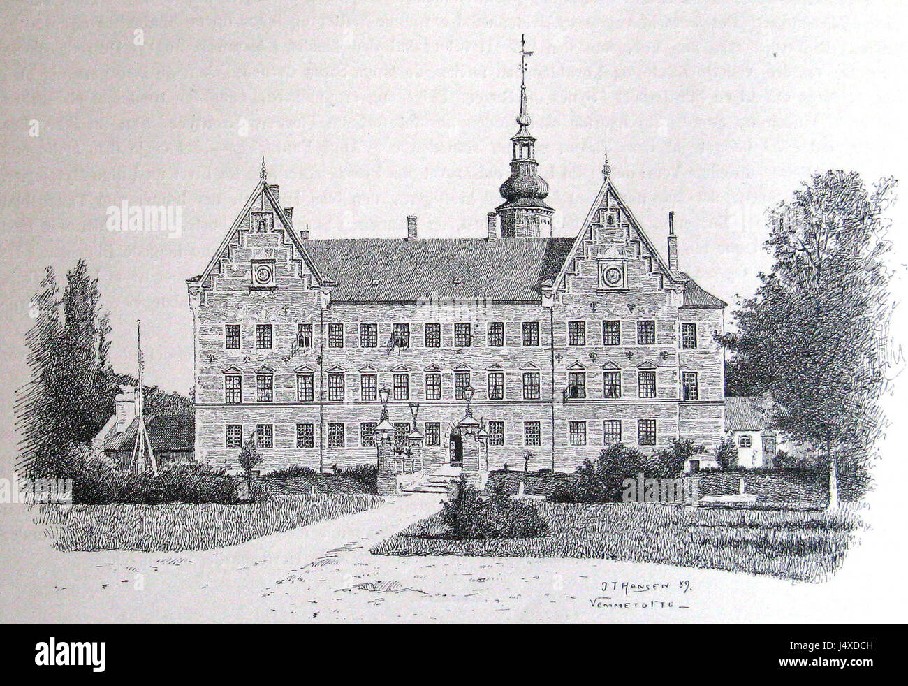 Une image historique ou un dessin de JT Hansen de 1889, représentant probablement Vemmetofte, un lieu au Danemark, avec des éléments architecturaux ou culturels notables. Banque D'Images