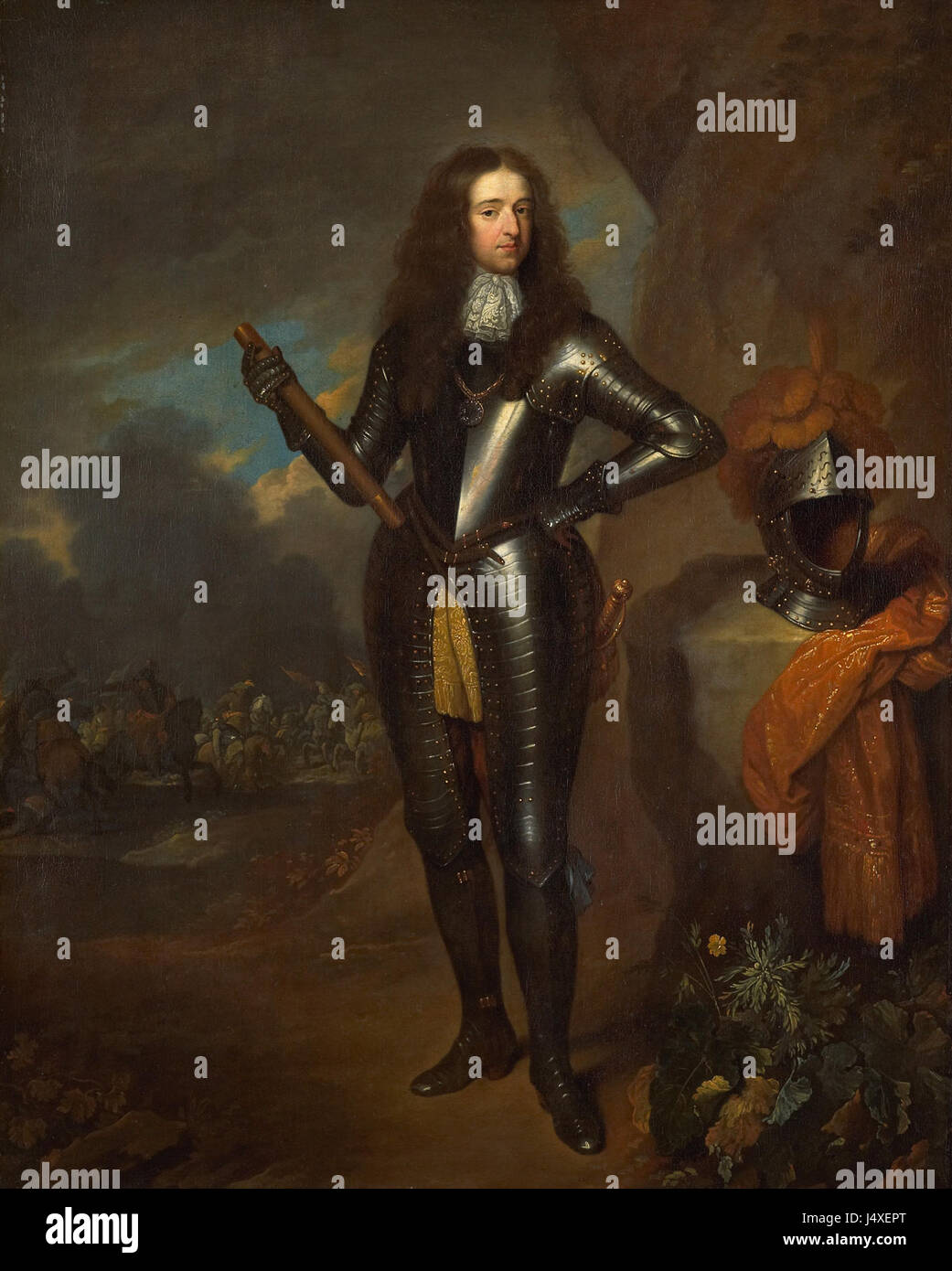 Ce portrait représente Willem III, prince d'Orange et roi d'Angleterre de 1689 jusqu'à sa mort en 1702. Connu pour son leadership pendant la glorieuse Révolution, ce tableau illustre sa tenue royale et sa stature impériale, reflétant son importance politique et militaire dans l'histoire européenne. Banque D'Images