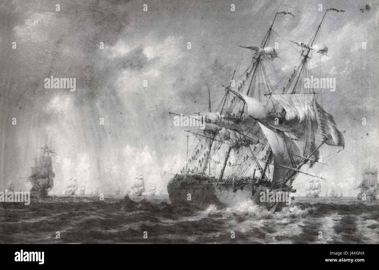 'Vaisseaux dans mer formÃ©e avec gabiers' est une œuvre du peintre marin français Jacques Ozanne, représentant des navires en mer avec des marins au gréement. La scène présente des représentations détaillées de navires de guerre, mettant l'accent sur le paysage maritime et le travail des marins. Le style de Ozanneâ€™ reflète la nature dynamique des opérations navales au XVIIIe siècle. Banque D'Images