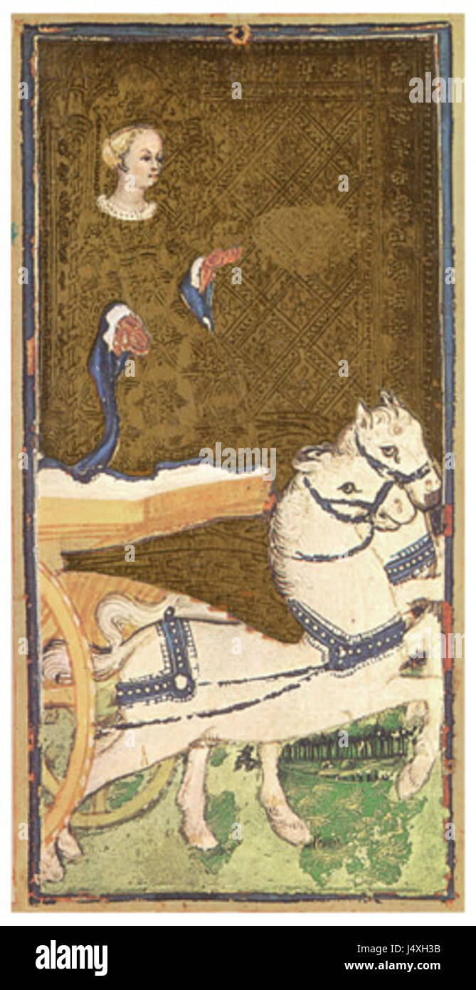 Le tablier de tarot Visconti Sforza est l'un des plus anciens tabliers de tarot existant, créé en Italie au XVe siècle. 'Le chariot' est l'une des cartes-clés, symbolisant la victoire, la détermination et le contrôle. Le jeu est historiquement significatif dans l'étude du tarot et du symbolisme des cartes. Banque D'Images