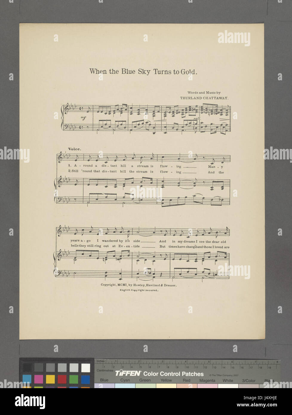 Cette œuvre, intitulée « When the Blue Sky Turns to Gold », fait probablement référence à une interprétation symbolique ou artistique des transitions naturelles ou émotionnelles, cataloguée au NYPL. Banque D'Images