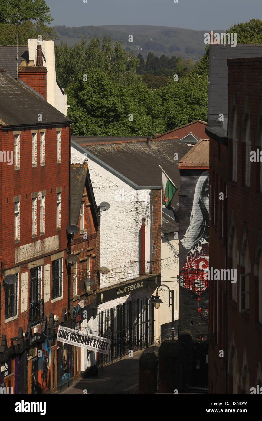 Sauver dans Womanby Womanby pend Rue Rue de Cardiff au Pays de Galles,,. Womanby Street est une rue emblématique et historique de Cardiff, célèbre pour la musique les lieux. Banque D'Images