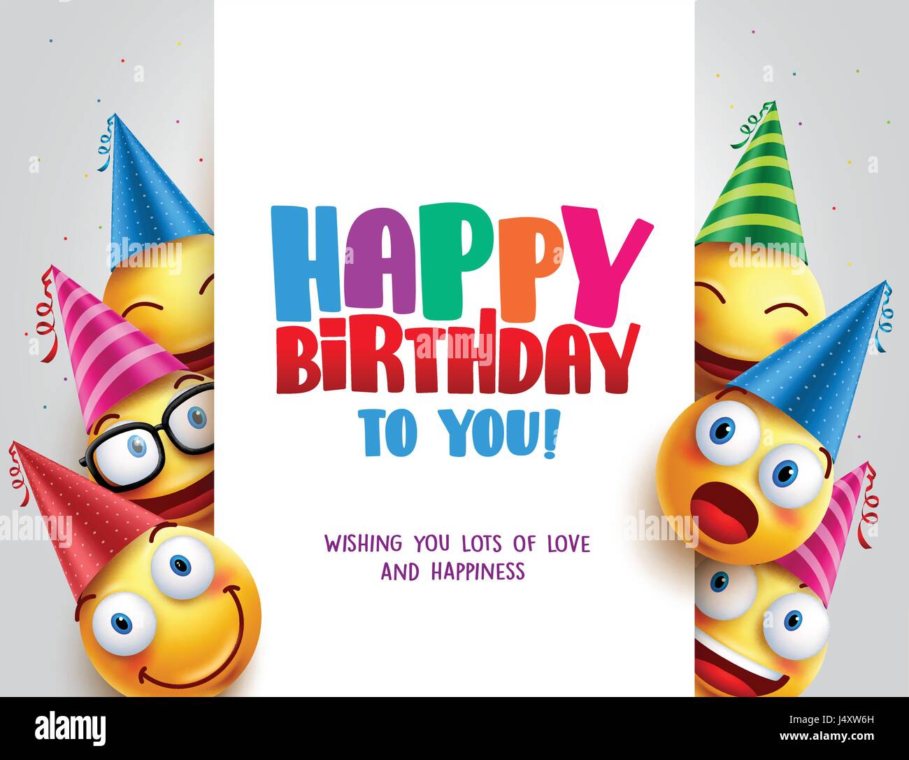 Joyeux Anniversaire Vector Design Avec Smileys Wearing Birthday Hat En Blanc L Espace Vide Pour Le Message Et Le Texte De Parti Et De Celebration Image Vectorielle Stock Alamy