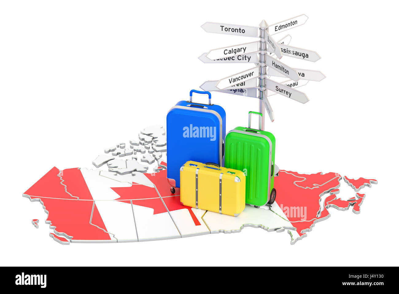 Canada travel concept. Drapeau canadien sur la carte avec des valises et signpost, rendu 3D Banque D'Images