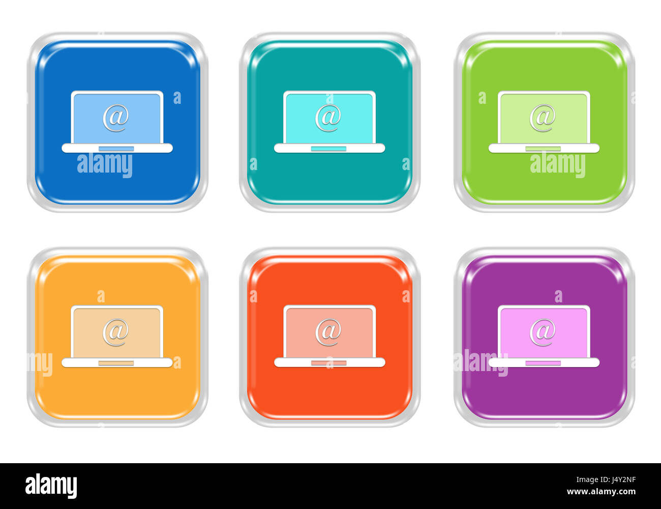 Ensemble de boutons colorés au carré avec le symbole de l'ordinateur en bleu, vert, jaune, orange et pourpre, Banque D'Images