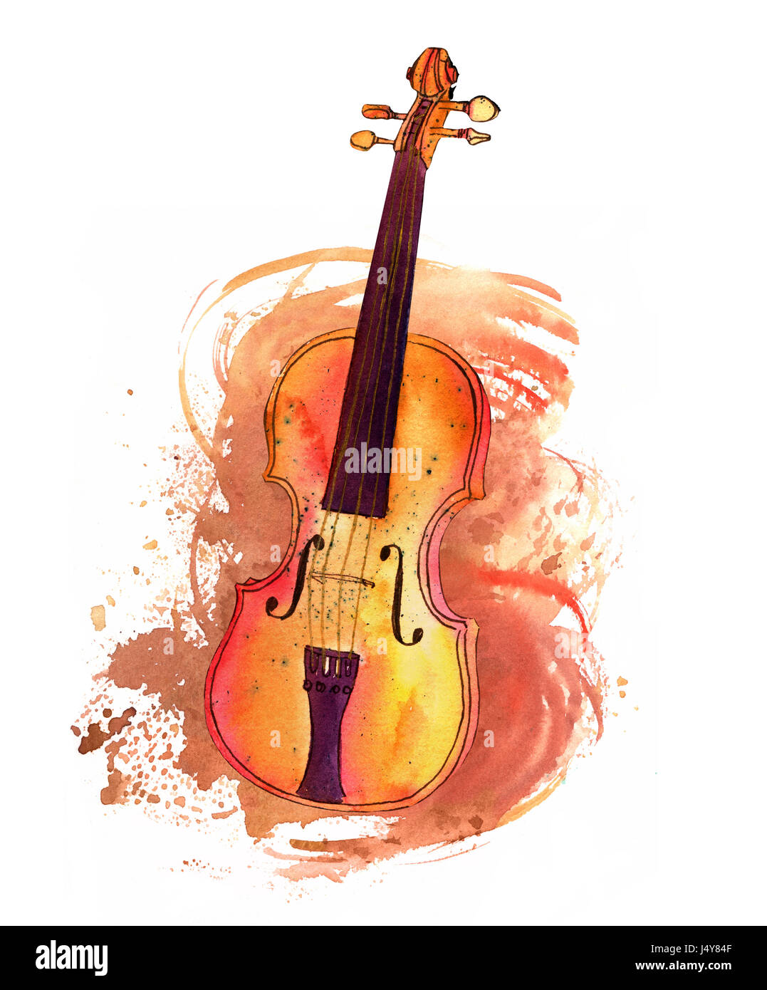 Un dessin, plume et encre d'un violon avec une tache d'aquarelle grunge, un élément décoratif pour un concert invitation Banque D'Images