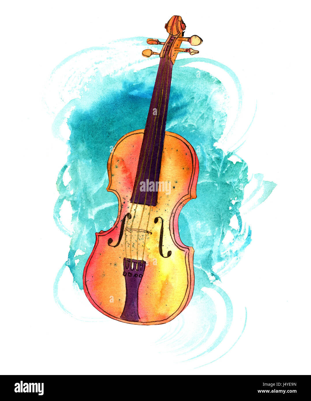 Un dessin, plume et encre d'un violon avec une tache d'aquarelle sarcelle, un élément décoratif pour un concert invitation Banque D'Images