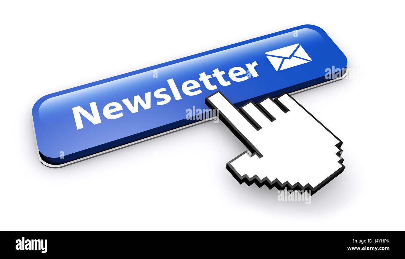 Newsletter web bouton avec signe et icône e-mail 3d illustration sur fond blanc. Banque D'Images
