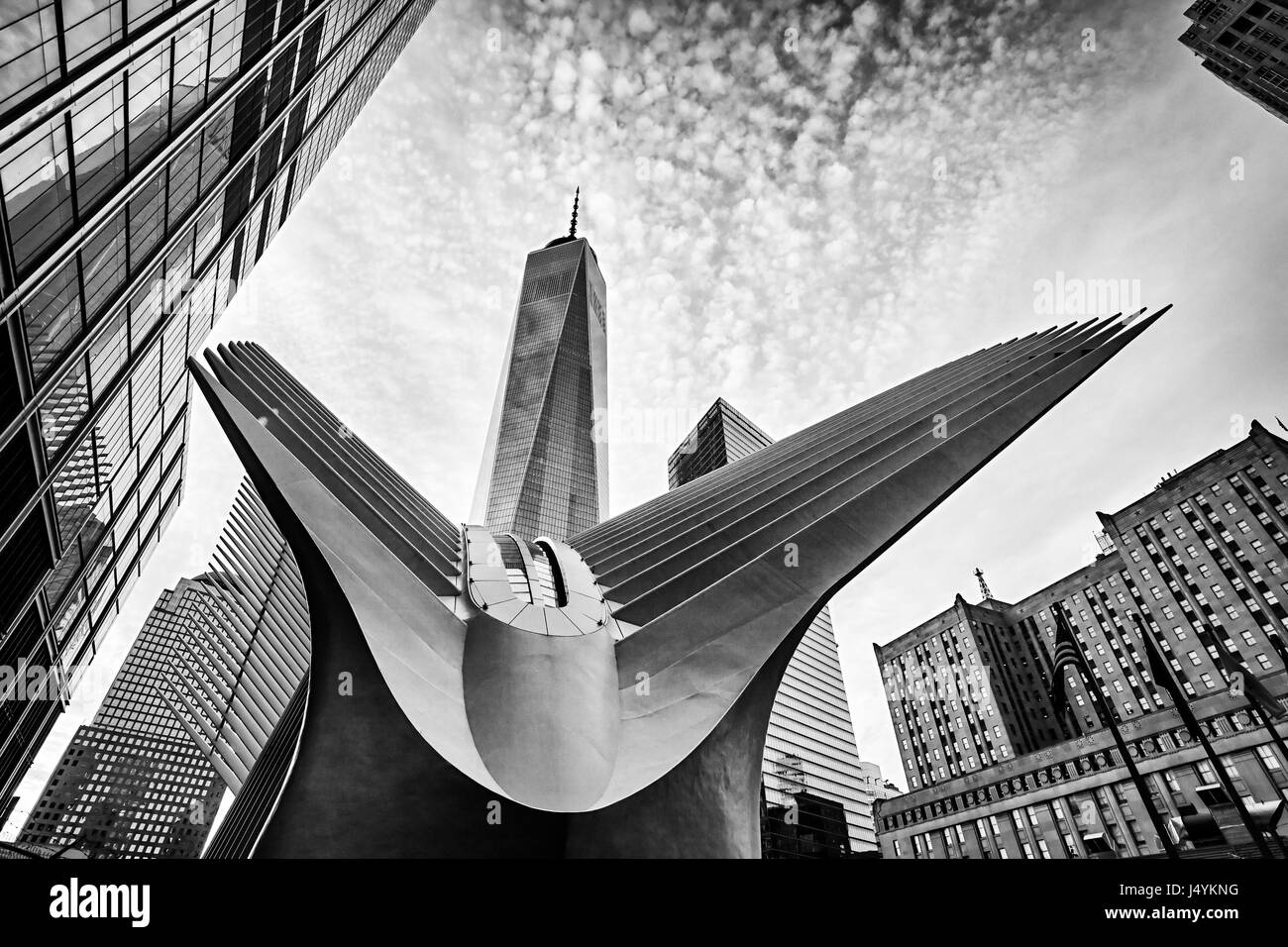 World Trade Center Transportation Hub noir et blanc par Santiago Calatrava et la construction d'un World Trade Center à l'arrière, New York Banque D'Images