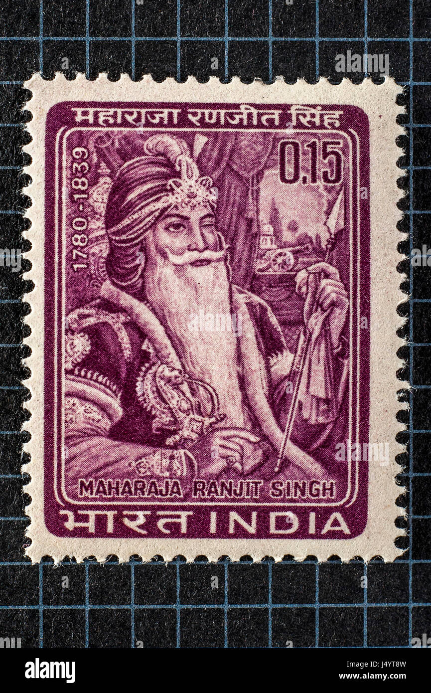 Vintage stamp de maharaja Ranjit Singh, l'Inde, l'Asie Banque D'Images