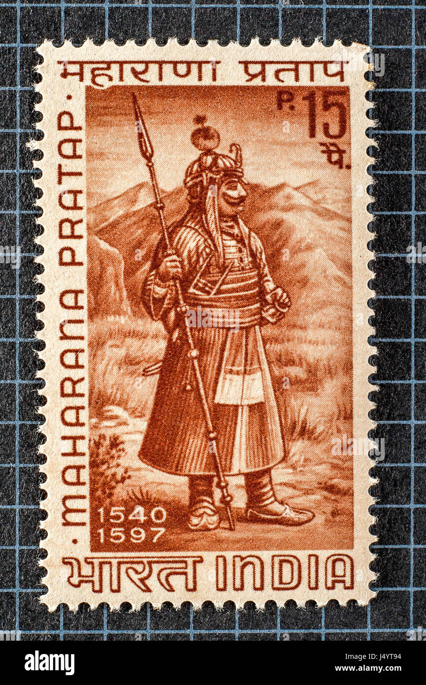 Timbre vintage de Maharana Pratap, 1540 à 1597, l'Inde Banque D'Images