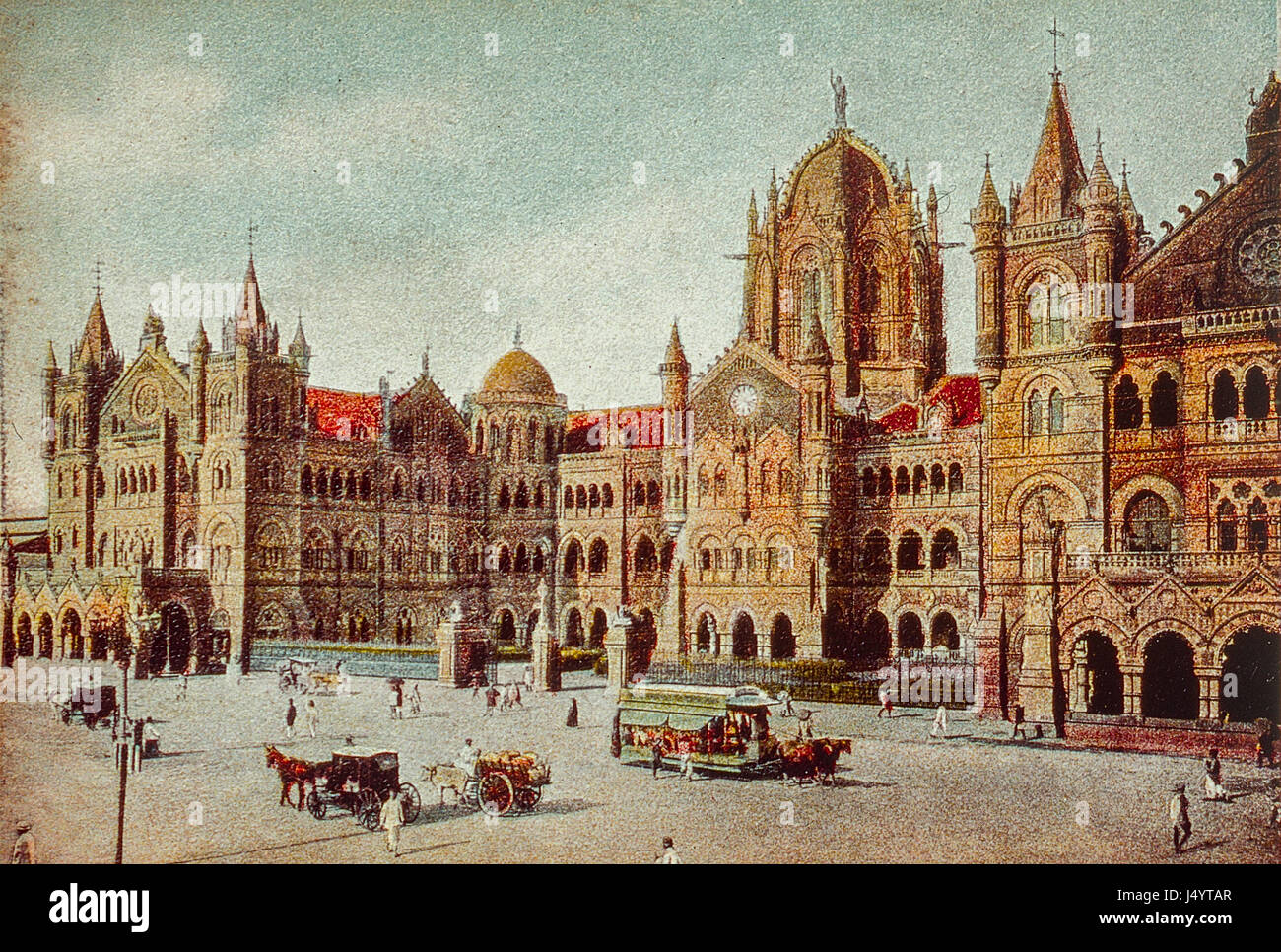 Vintage 1900s vieux colorié à la main photo de VT CST Gare Chhatrapati Shivaji, Mumbai, Maharashtra, Inde, Asie Banque D'Images