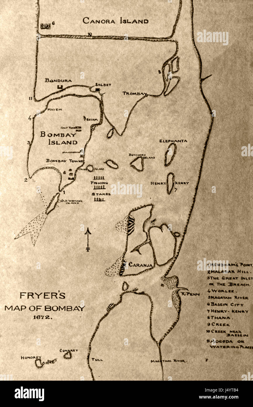Vieux millésime 1672 Plan de Bombay par Fryer, Mumbai, Maharashtra, Inde, Asie Banque D'Images
