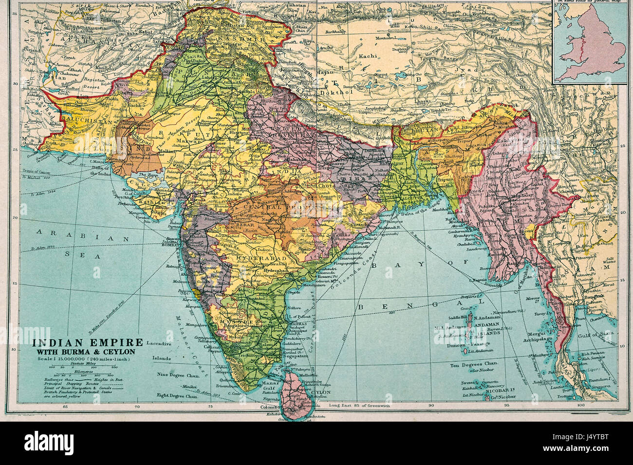 Carte de l'Empire indien avec la Birmanie et Ceylan et l'Inde Banque D'Images