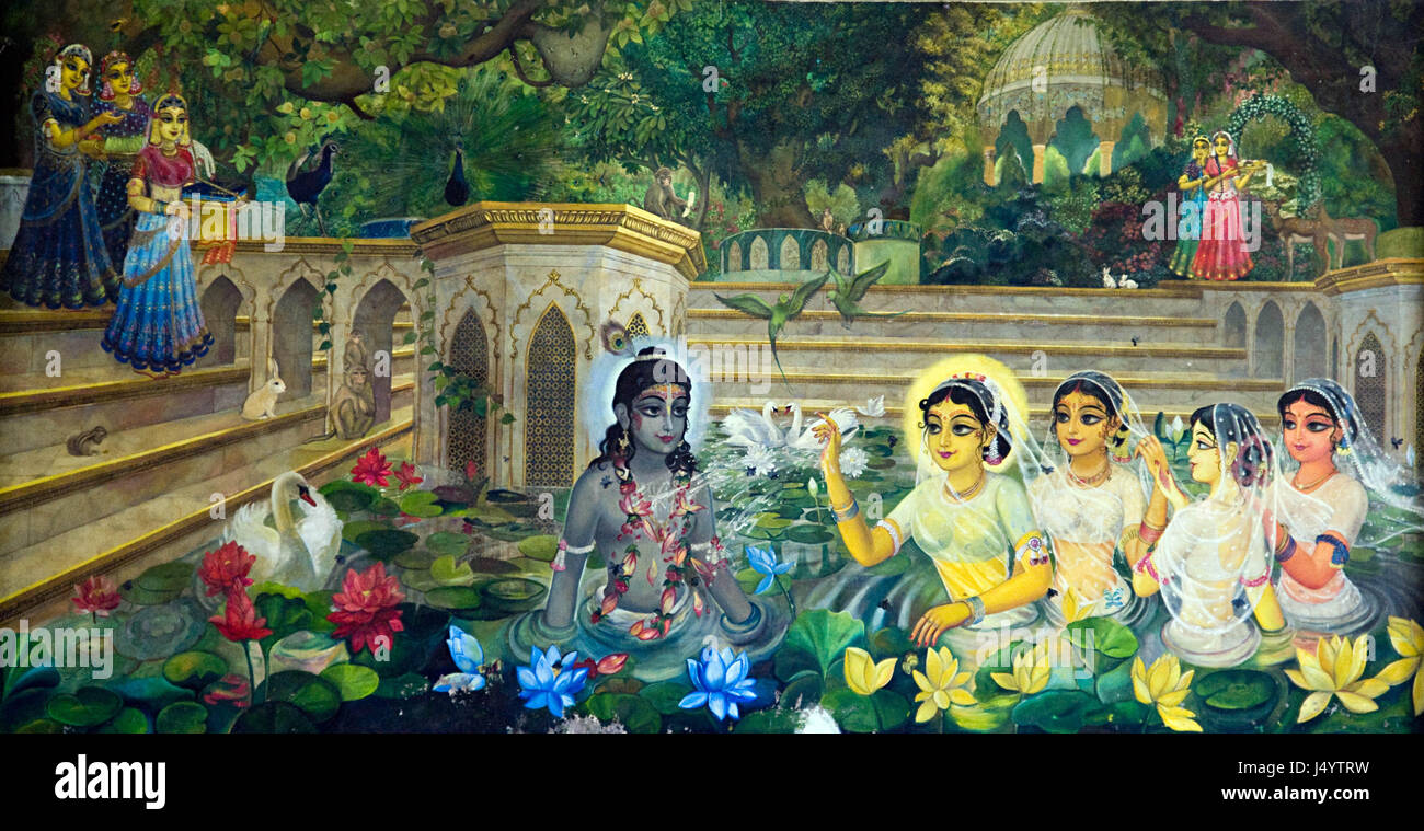 Radha Krishna jouant dans étang peinture, Mathura, Uttar Pradesh, Inde, Asie Banque D'Images