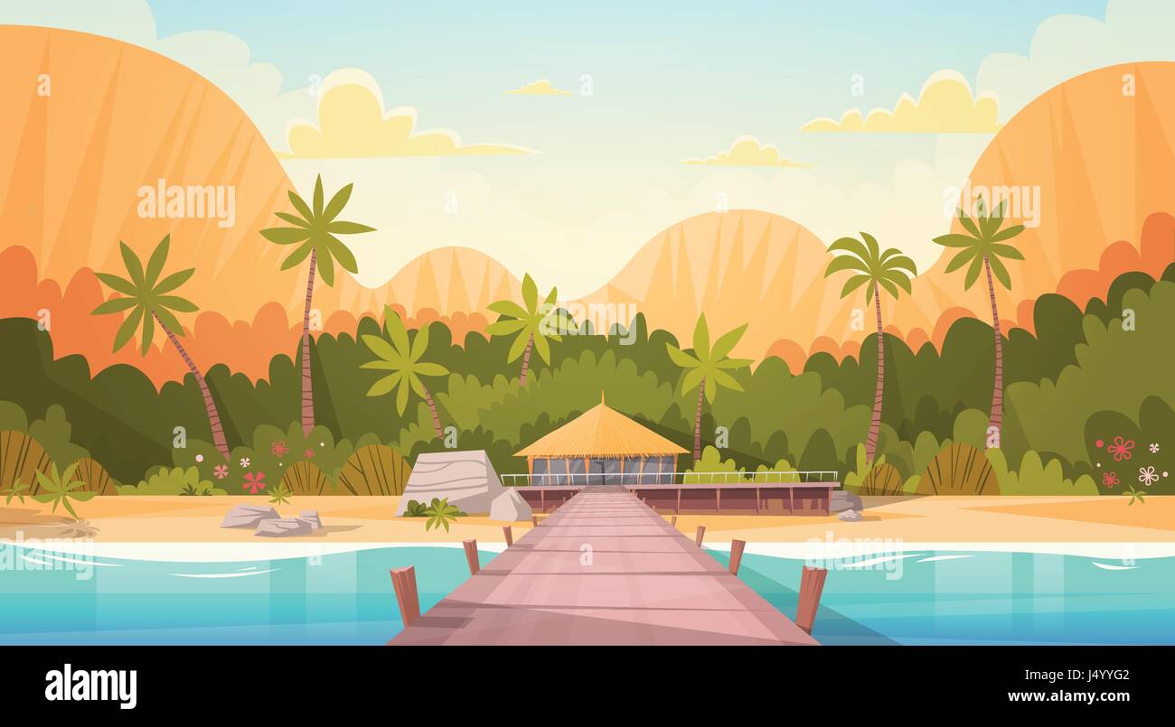 Plage tropicale avec bungalow sur l'eau Chambre Paysage, été Voyage Vacances Concept Illustration de Vecteur