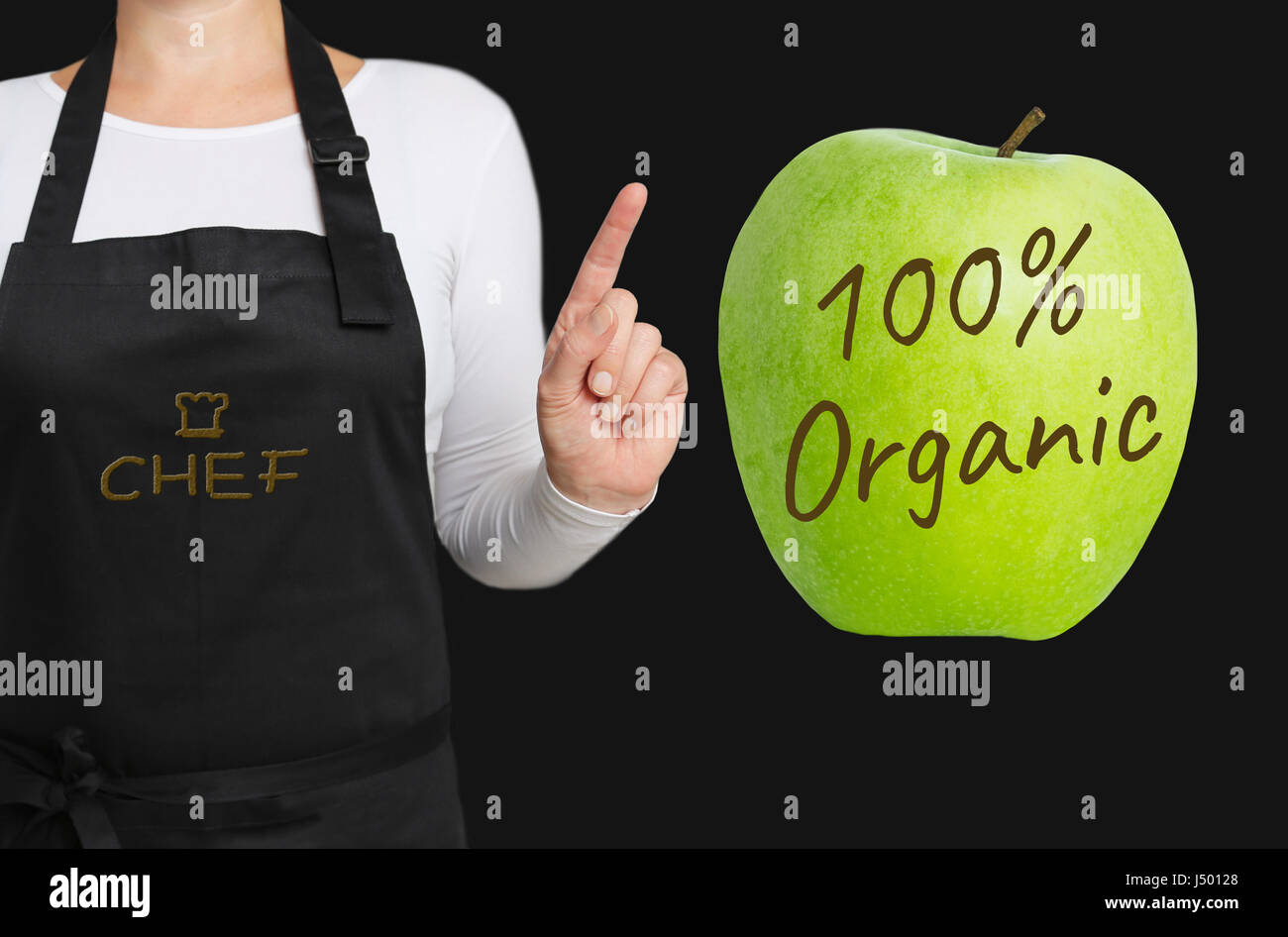 100 % organic concept est illustré par le chef. Banque D'Images