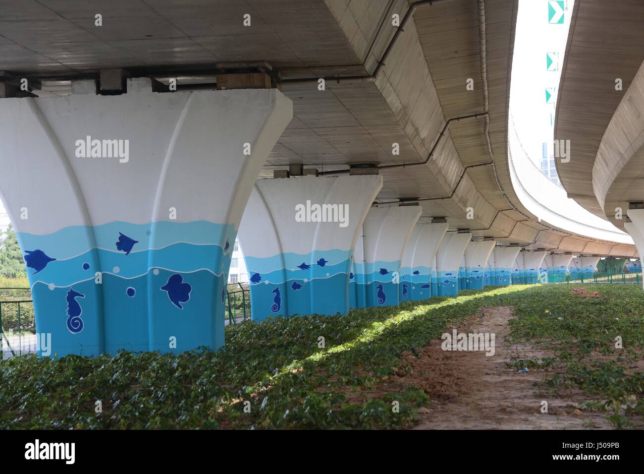 Lianyungang. 15 mai, 2017. Photo prise le 15 mai 2017 montre des piles un tréteau à Lianyungang, Ville de la Chine de l'est la province de Jiangsu. Piers d'un tréteau ici sont décorées avec différents tableaux comme un objectif d'embellir la ville. Credit : Zhu Huanan/Xinhua/Alamy Live News Banque D'Images