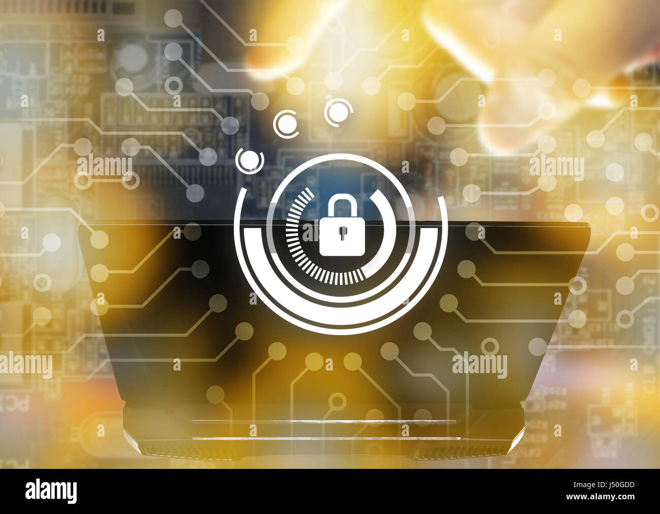 Cyber security network concept. Connectez la clé principale de mise en réseau virtuelle et graphique portable flou avec effet de lumière torche Banque D'Images