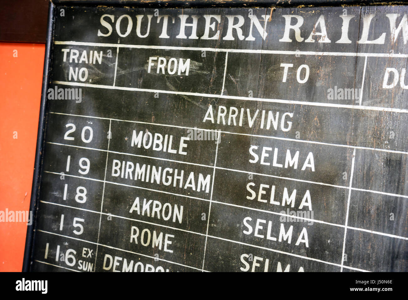 Alabama Dallas County, Selma, Water Avenue, Old Depot Museum, patrimoine régional, histoire, collection, horaires de chemin de fer, train, voyages des visiteurs Banque D'Images