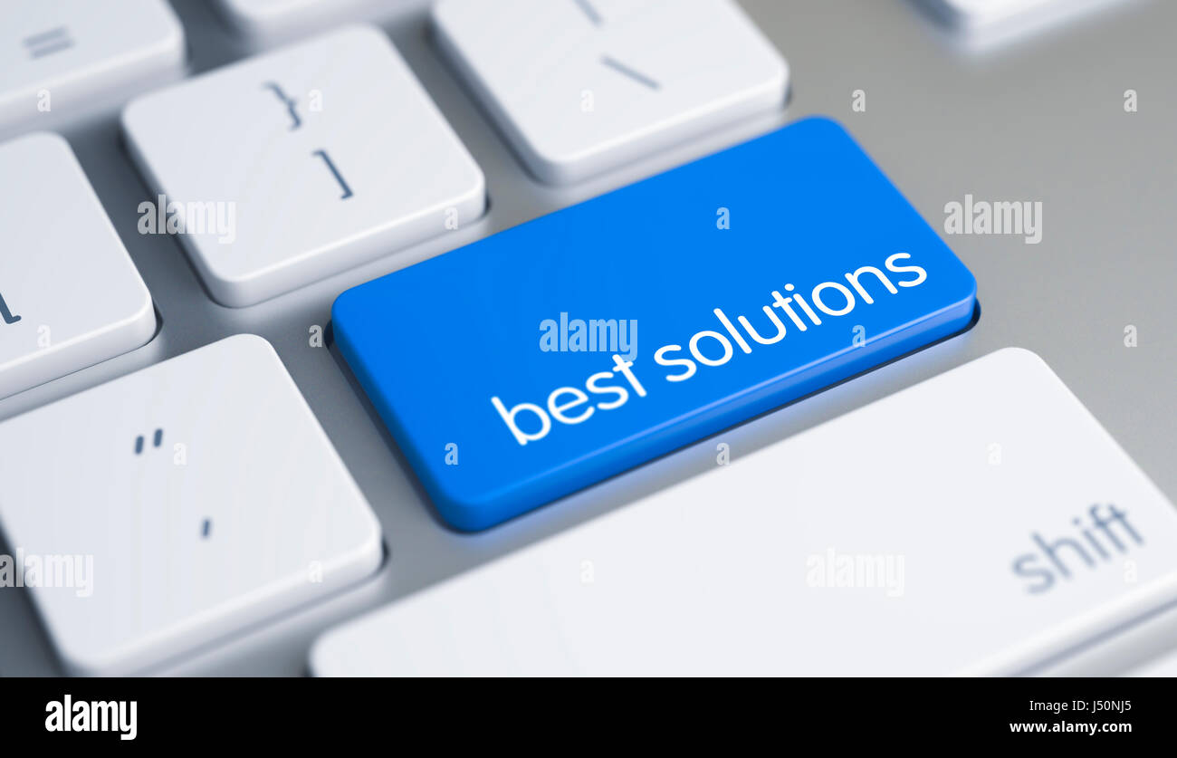 Meilleures solutions - Texte sur le clavier bleu. 3D. Banque D'Images