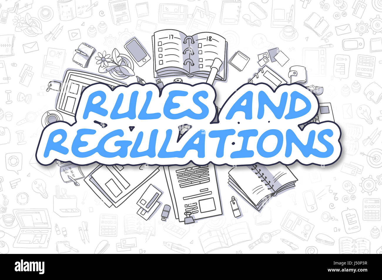 Règles et Règlements - Doodle le texte en bleu. Concept d'entreprise. Banque D'Images