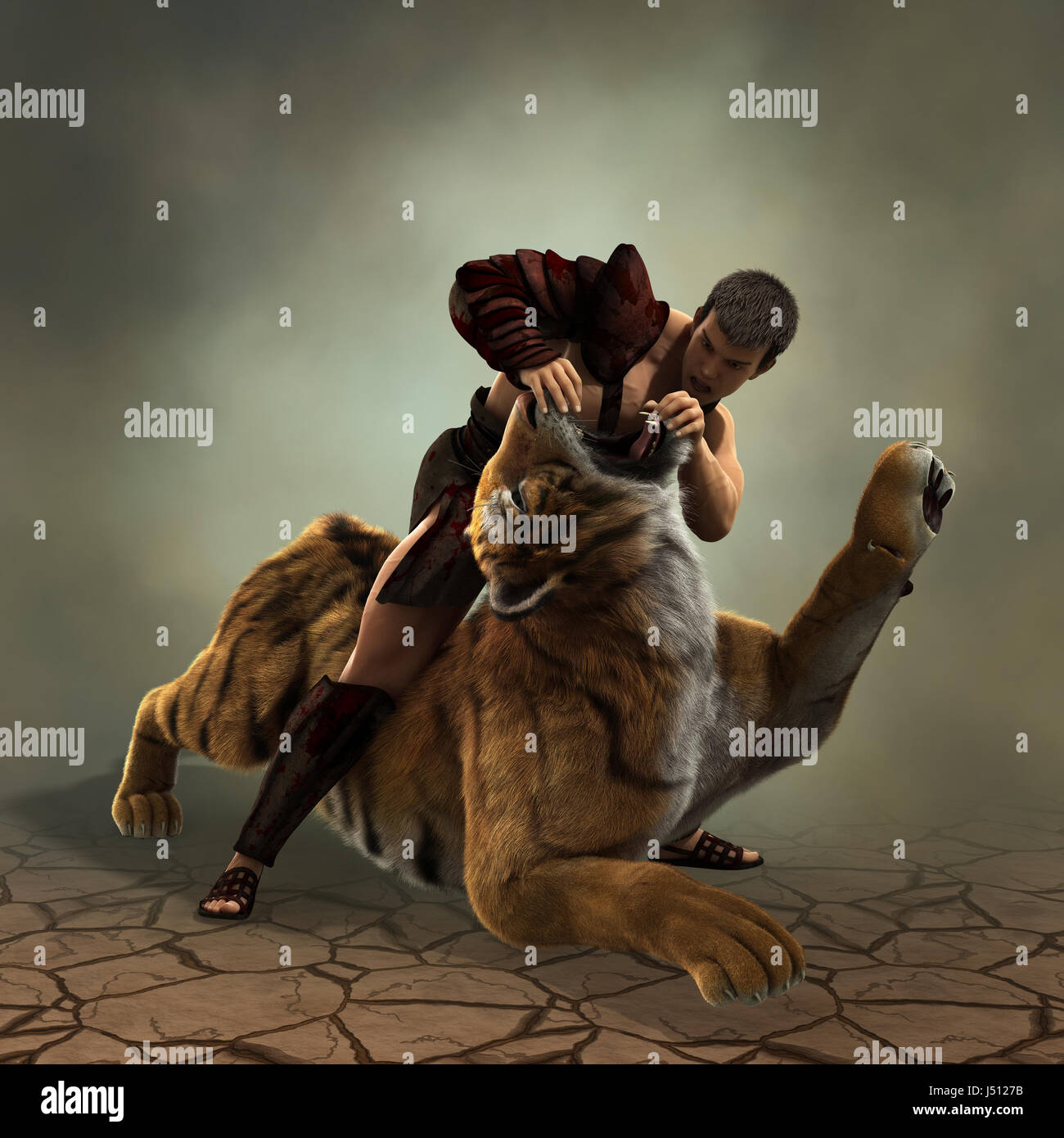 3D Illustration d'un combat de gladiateurs avec un tigre Banque D'Images