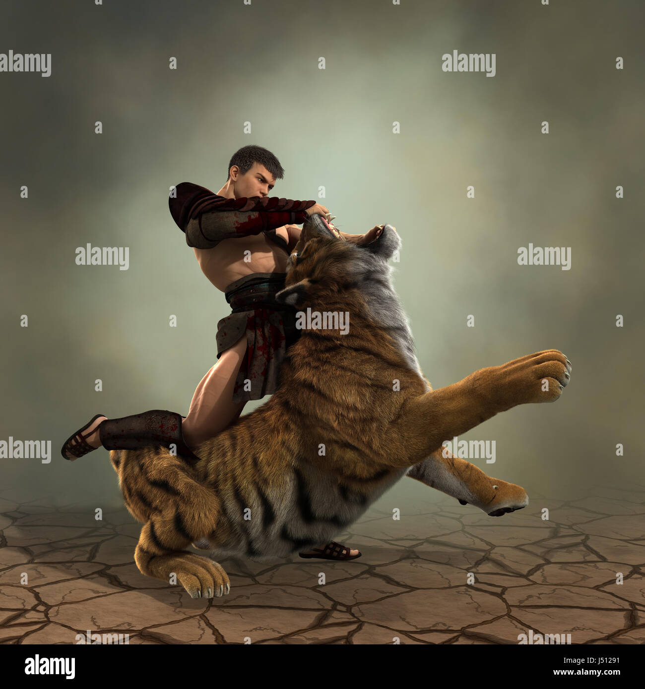 3D Illustration d'un combat de gladiateurs avec un tigre Banque D'Images