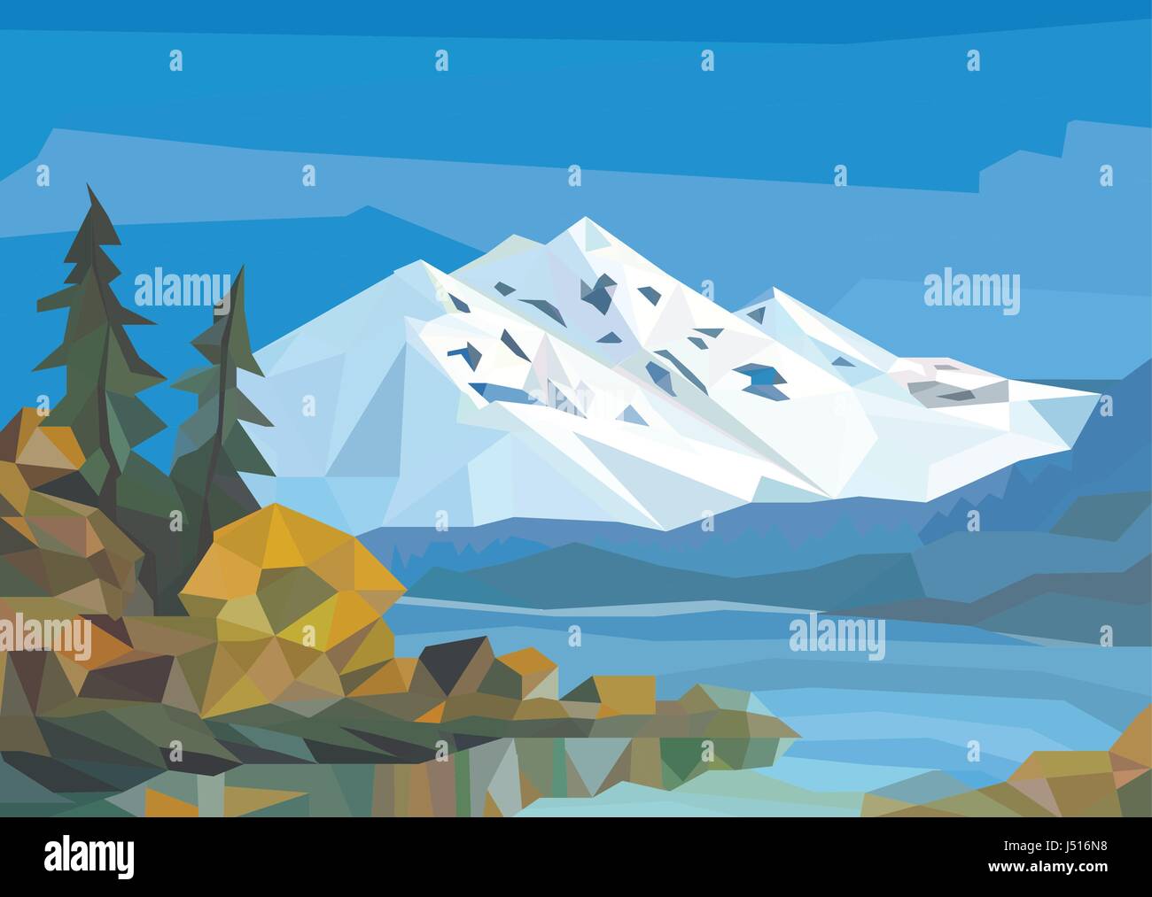 Paysage de polygone. ice Montagnes, Lac et arbres. Illustration de Vecteur