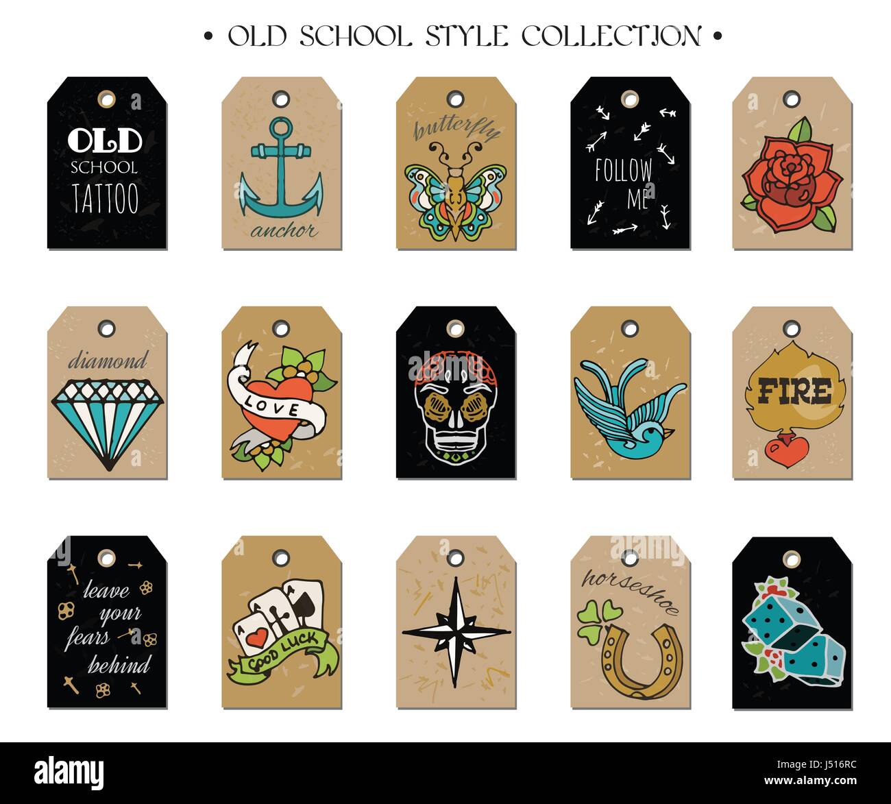 Hand drawn old school tattoo Tags. Éléments de conception. Vintage Vector Set. Illustration de Vecteur