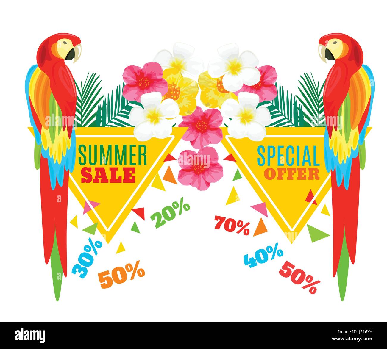 Vente chaude d'été Poster. Parrot, fleurs exotiques et d'Ananas. Vector illustration promotionnelle géométrique. Illustration de Vecteur