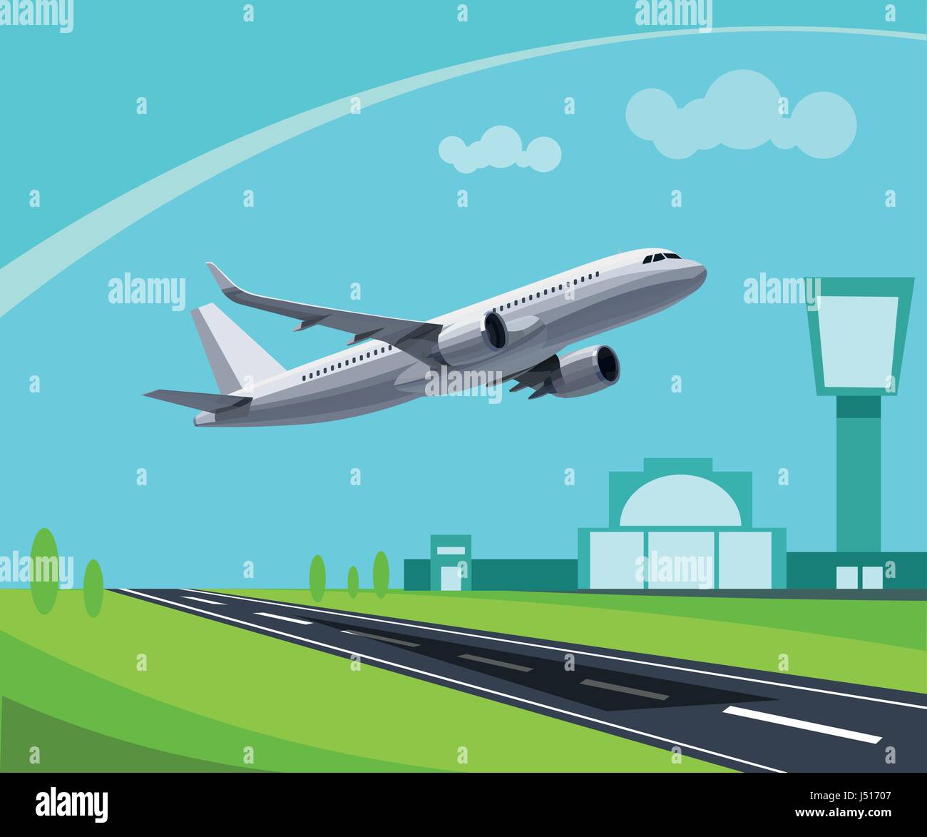 Avec la piste de l'aéroport et l'avion en vol Concept Illustration. Modèle pour l'Infographie. Illustration de Vecteur